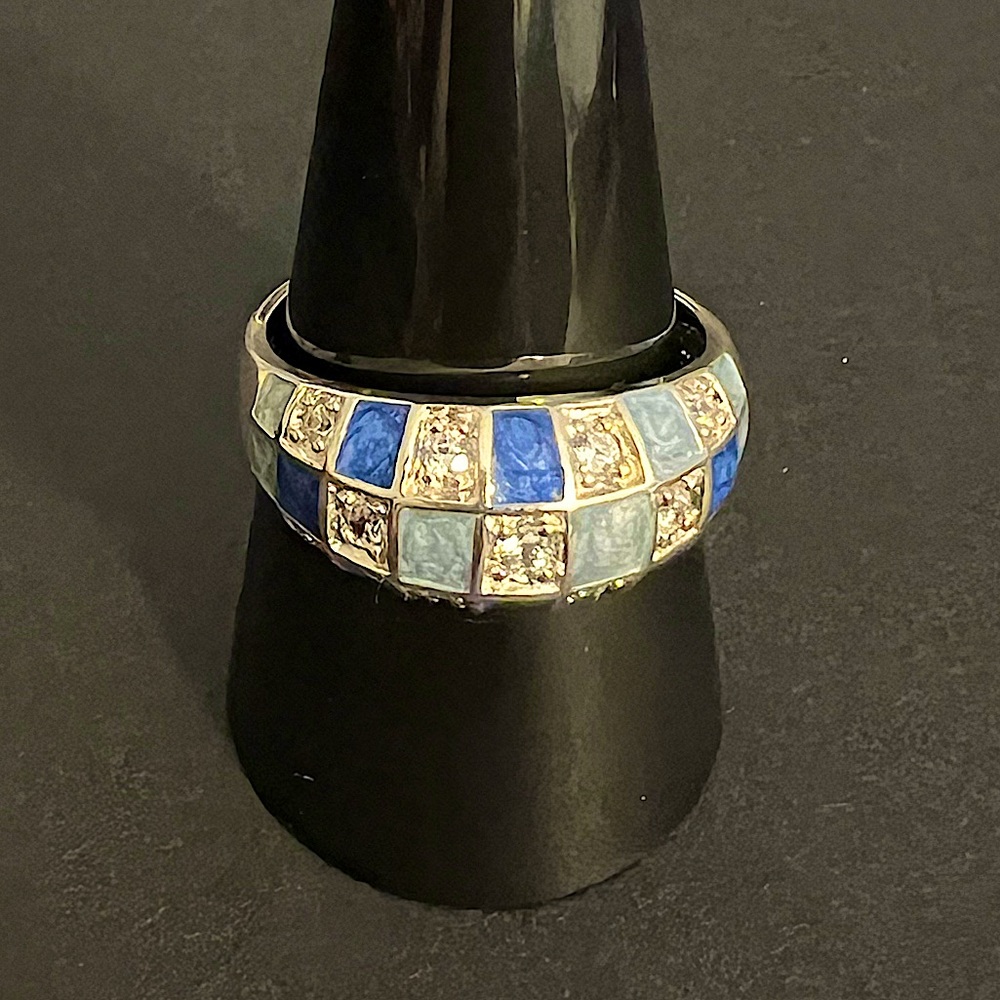 Sterling Silver Enamel Cubic Zirconia Checkerboard Ring & Pendant - Picture 2 of 10